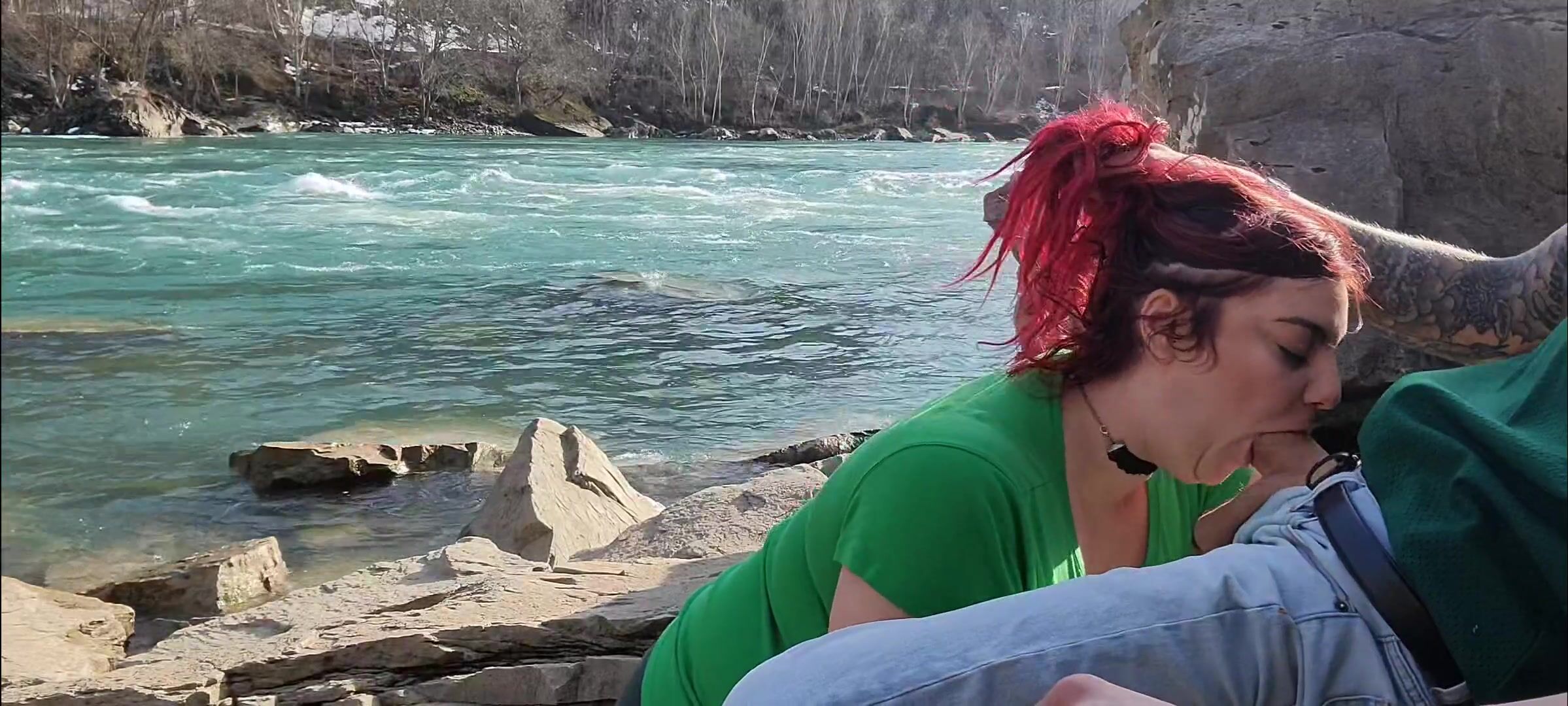 Fucking her throat down by the rapids on a beautiful sunny day